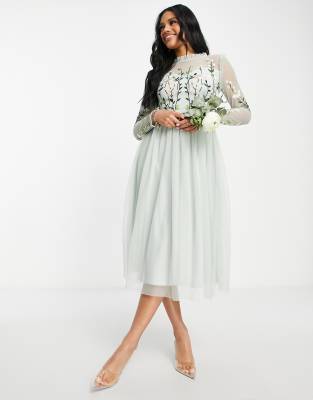 Frock and Frill Bridesmaid maxi dress with pleated skirt and embroidered top in sage - ASOS Price Checker