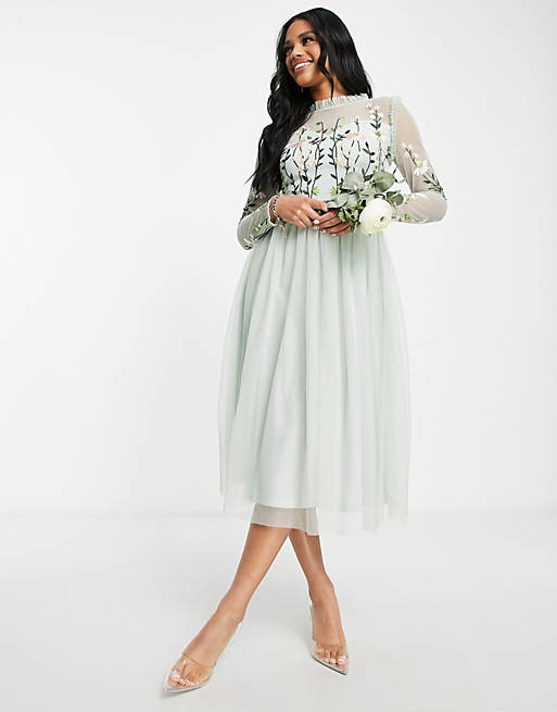 Frock and Frill Bridesmaid maxi dress with pleated skirt and embroidered top in sage