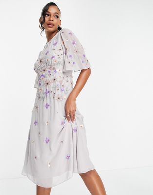 Frock and Frill Bridesmaid midi dress with floral embellished detail in lilac