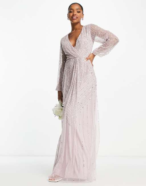 Cra wallonieShops Frock and Frill Bridesmaid plunge front maxi dress with embellishment in dusty mauve Daniela Gregis geometric flared maxi dress