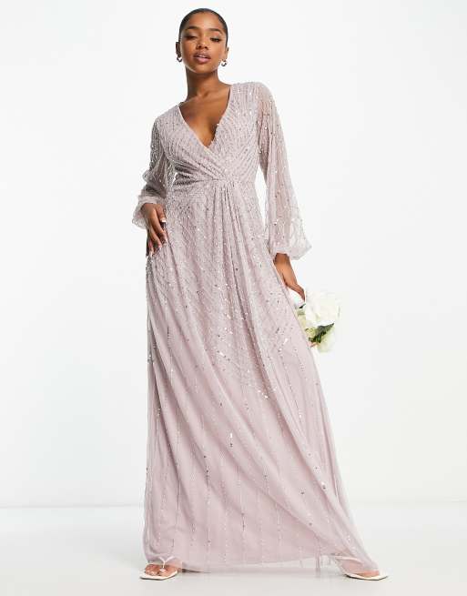 Frock and Frill Bridesmaid plunge front maxi dress with embellishment in dusty mauve