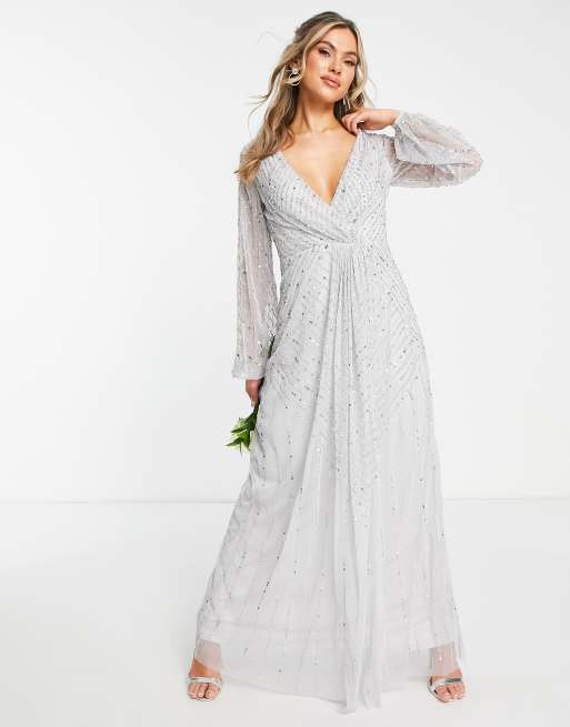 Frock and Frill Bridesmaid plunge front maxi dress with embellishment in gray