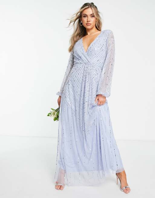 Frock and Frill Bridesmaid plunge front maxi with embellishment in blue ASOS