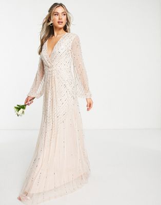 Frock and Frill Bridesmaid plunge front maxi with embellishment in blush
