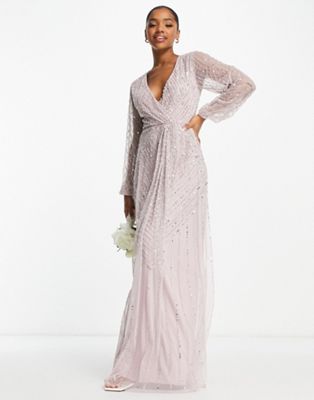 Frock and Frill Bridesmaid plunge front maxi with embellishment in dusty mauve
