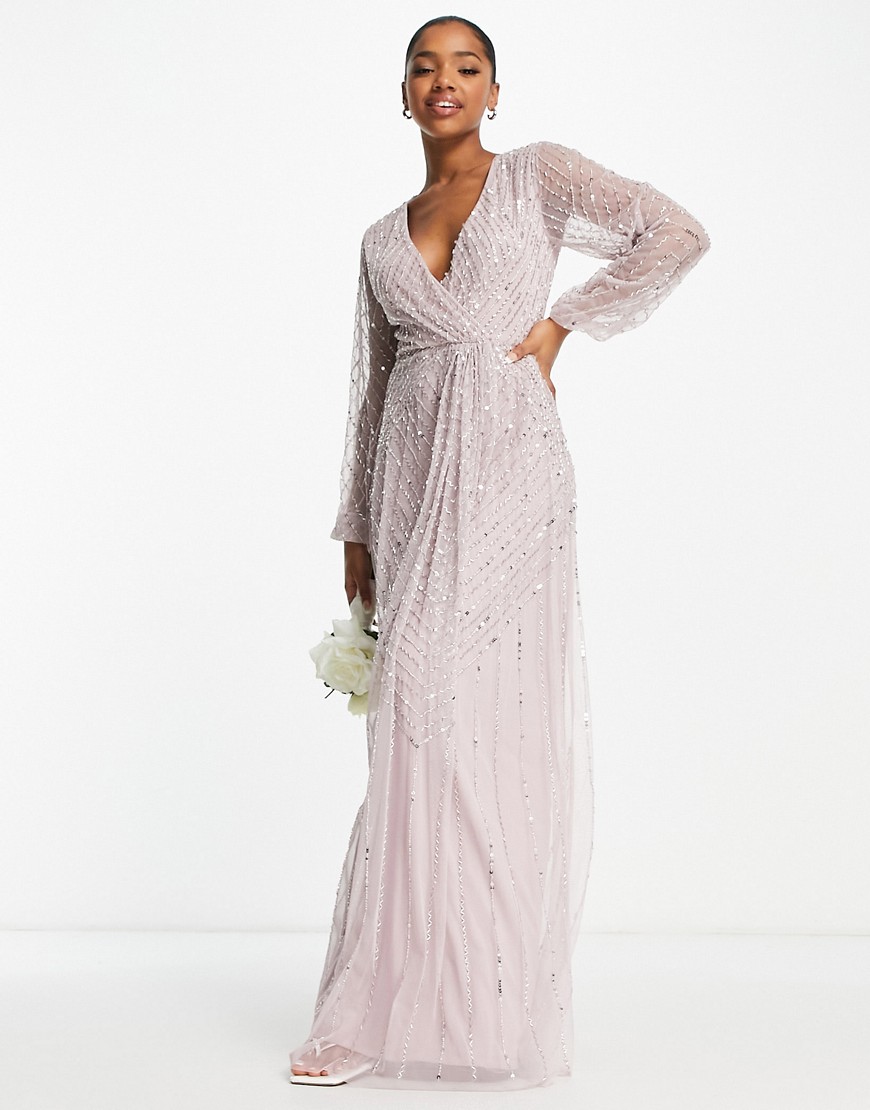 Frock and Frill Bridesmaid plunge front maxi with embellishment in dusty mauve-Purple