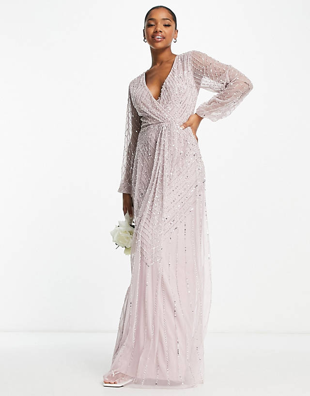 Frock and Frill - bridesmaid plunge front maxi with embellishment in dusty mauve