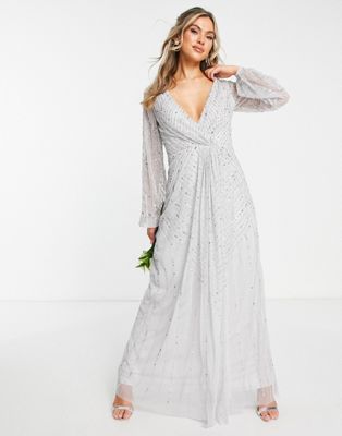 Frock and Frill Bridesmaid plunge front maxi with embellishment in grey