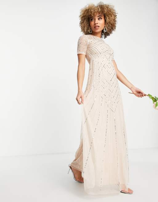 Frock And Frill Bridesmaid – Różowa sukienka maxi z krótkimi rękawami i zdobieniem