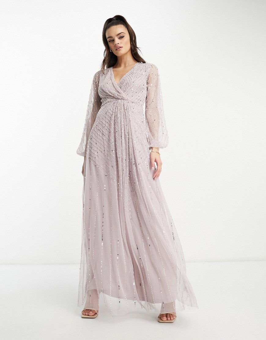 Frock and Frill Bridesmaid sequin plunge front maxi dress in dusty mauve-Purple