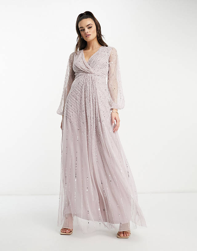 Frock and Frill - bridesmaid sequin plunge front maxi in dusty mauve