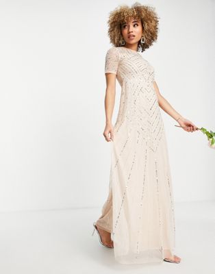 Frock and Frill Bridesmaid short sleeve maxi dress with embellishment in blush