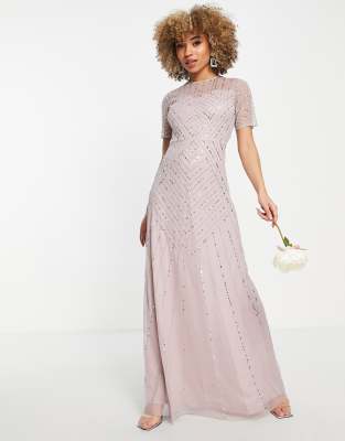 Frock and Frill Bridesmaid short sleeve maxi dress with embellishment in dusty mauve - Click1Get2 Cyber Monday