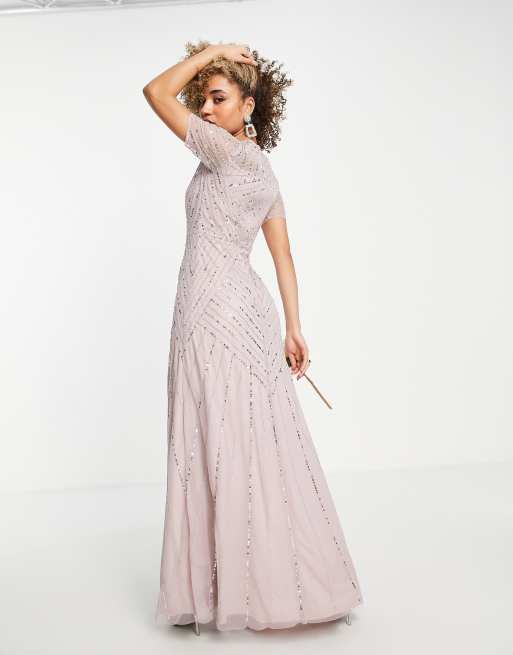 Frock and Frill Bridesmaid short sleeve maxi dress with embellishment in  dusty mauve