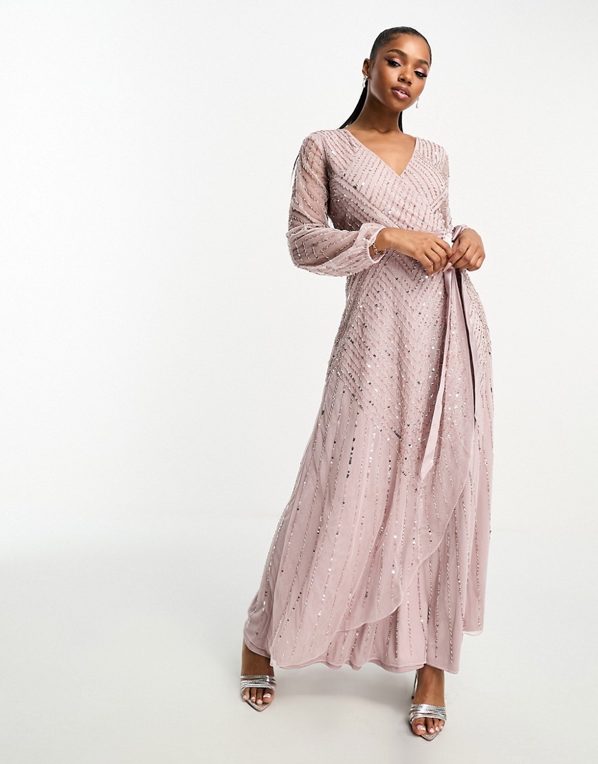 Bridesmaid wrap maxi dress in taupe-Pink