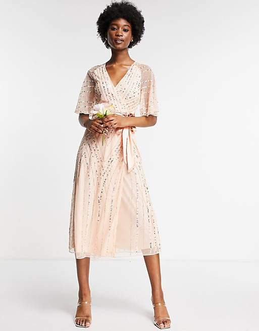 Frock and Frill Bridesmaids embellished midi dress in pearl pink