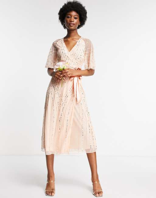 Lace & Beads Bridesmaid sheer one shoulder tulle midi dress in blush