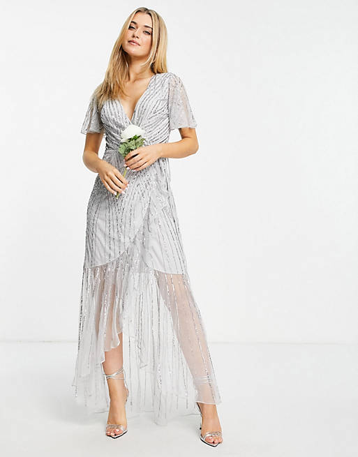 Frock and Frill Bridesmaids embellished wrap maxi dress in dove grey