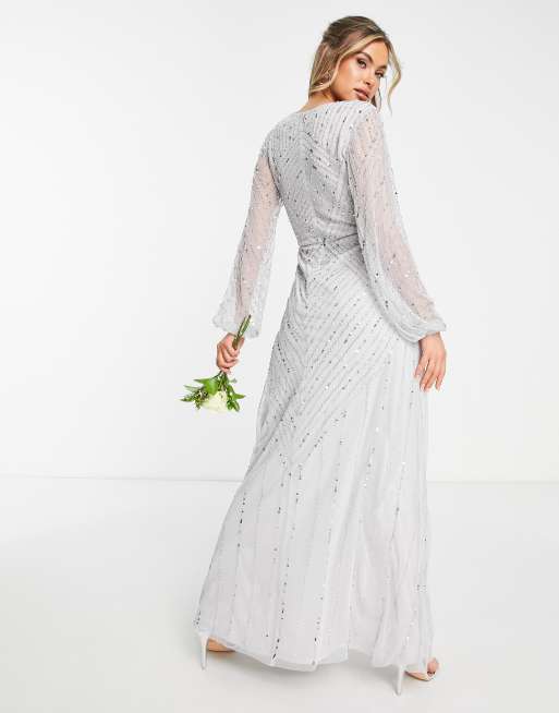 Frock and Frill - Brudepige - Grå maxikjole med dyb udskæring foran og udsmykning, 3 af 4