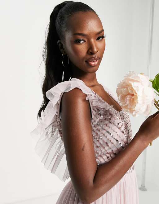 Frock and Frill – Brudtärna – Brungrå maxiklänning med volym, 3 av 4