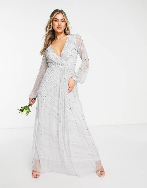 Frock and Frill – Brudtärnor – Grå maxiklänning med djup urringning framtill och utsmyckningar, 4 av 4