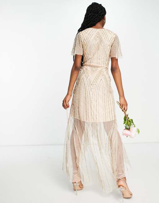 Frock and Frill – Brudtärnor – Pärlrosa utsmyckad maxiklänning i omlottdesign, 3 av 4