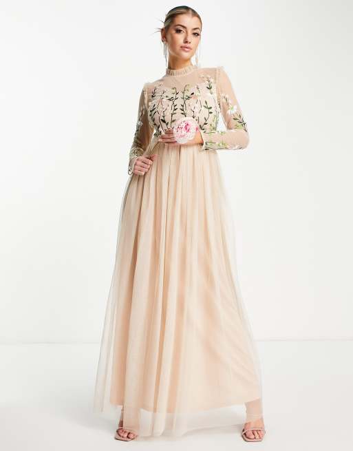 Frock And Frill - Bruidsmeisjes - Lange jurk met geplooide rok en versierde top in licht abrikoos