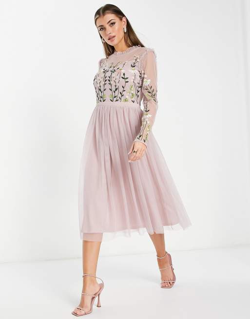 Frock and Frill - Bruidsmeisjes - Midi-jurk met geplooide rok en versierde top in vaal mauve