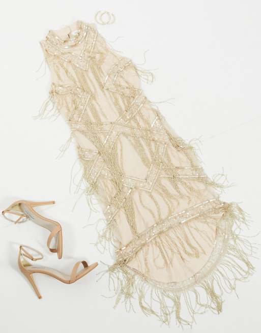 Frock and Frill Club all-over embellished luxe midi fringe dress in gold