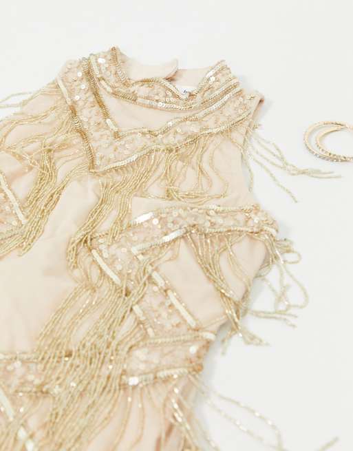 Frock and Frill Club allover embellished luxe midi fringe dress in gold |  ASOS