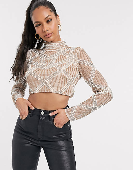 Frock and Frill Club high neck embellished crop top in rosegold two ...