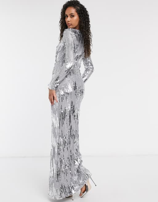 Frock and Frill Club knot front silver embellished maxi dress in gray | ASOS