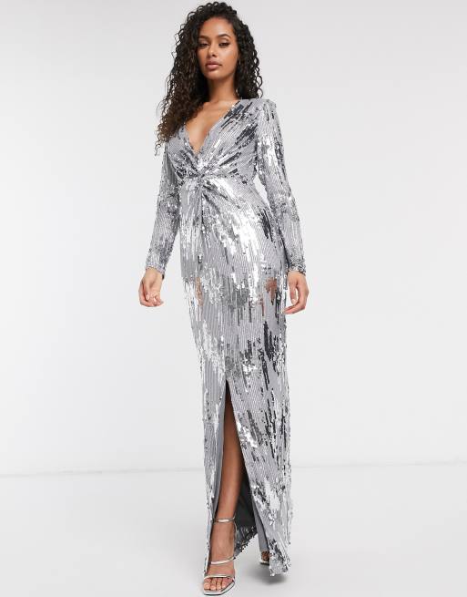Frock and Frill Club knot front silver embellished maxi dress in grey, 3 of 4