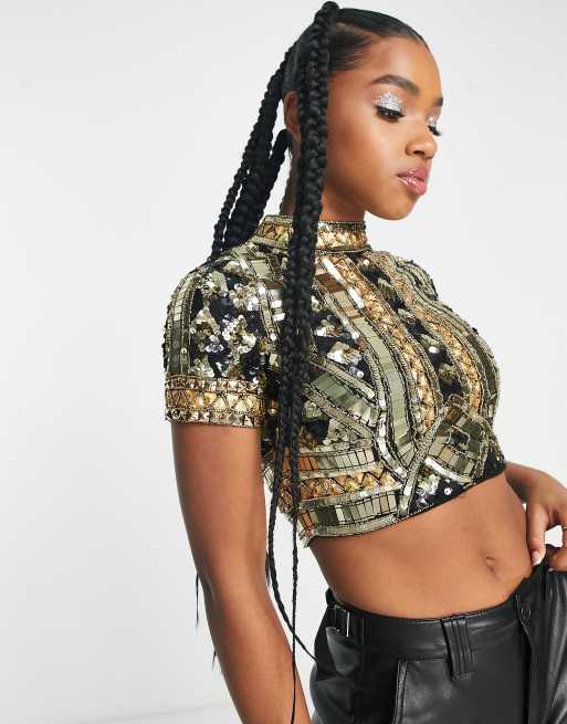 Frock and Frill - Crop top nero con dettagli color oro