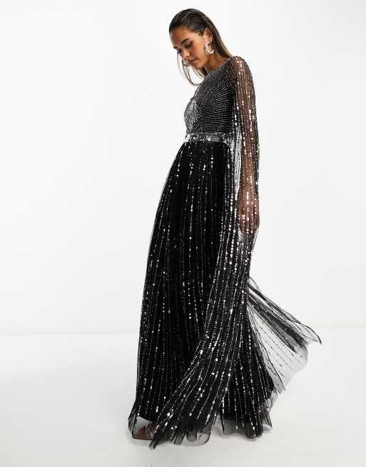 Frock and Frill – Czarna zdobiona na całej powierzchni sukienka maxi z peleryną