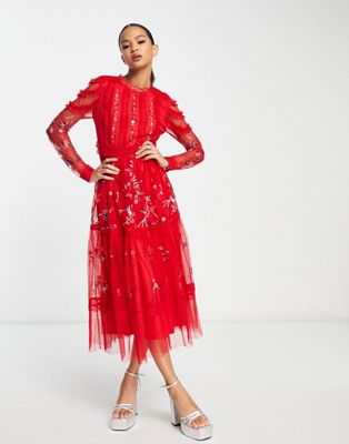 Frock and Frill embellished midi dress in red