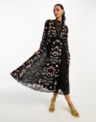 Frock and Frill embriodered maxi dress in black