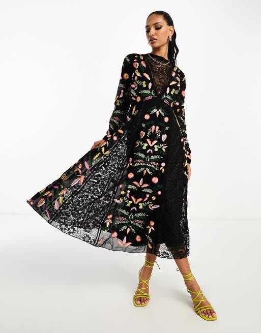 Frock and Frill embriodered maxi dress in black