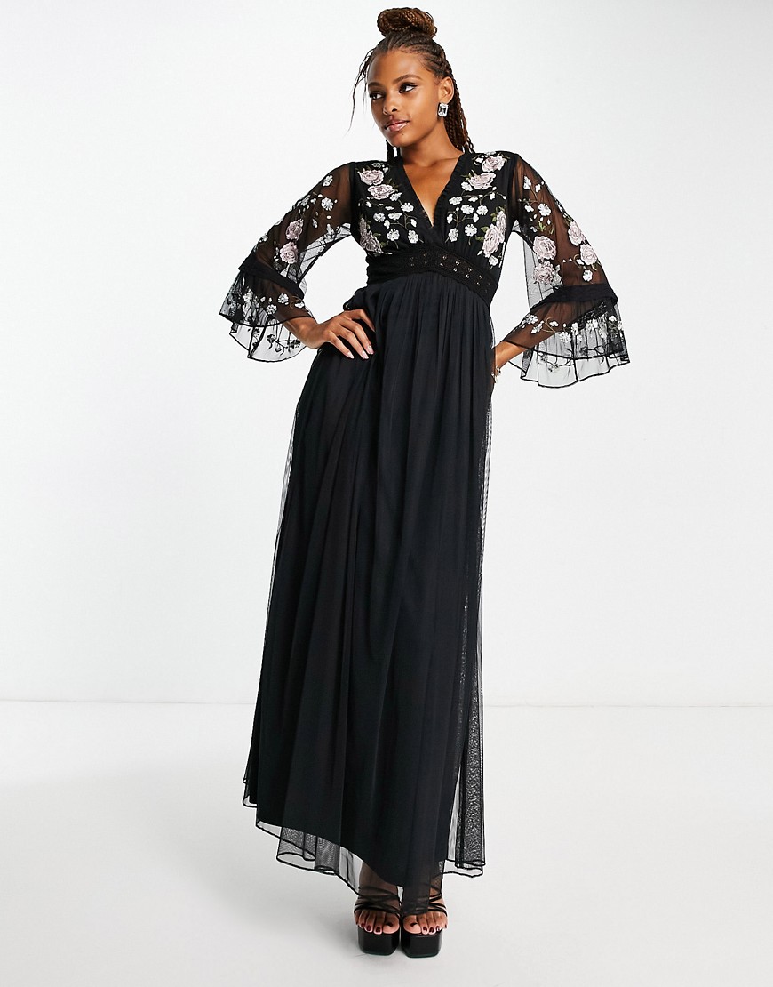 Frock and Frill embroided maxi dress with lace detail in black
