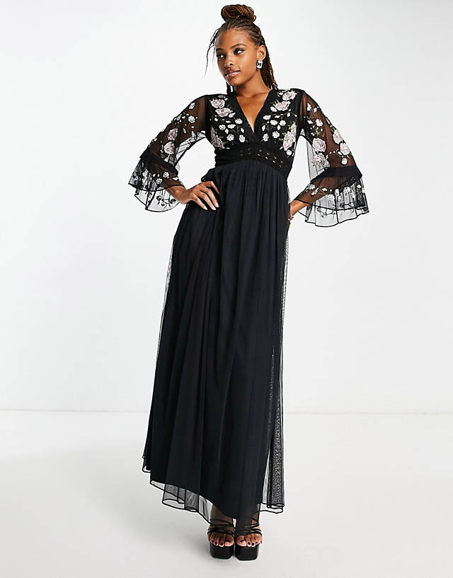 Frock and Frill - embroided maxi dress with lace detail in black