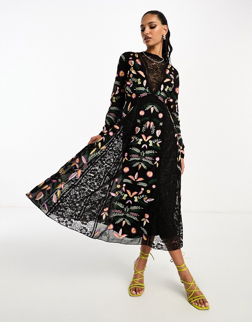 Frock And Frill Embroidered Maxi Dress In Black