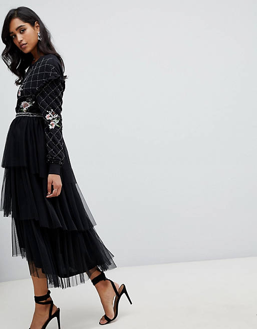 Frock and Frill embroidered tulle midi skirt in black