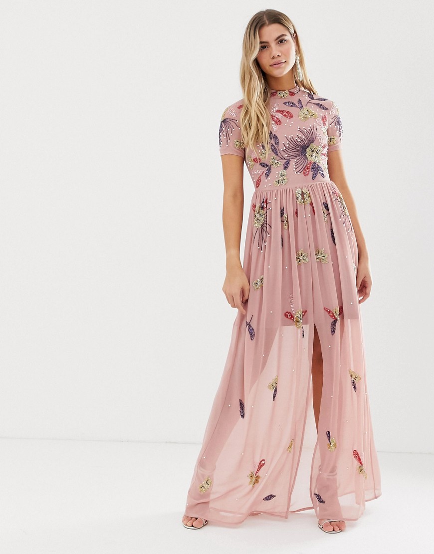 Frock And Frill floral embellished maxi dress in dusky rose-Pink
