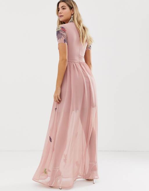 Frock and frill floral embellished maxi dress on sale in dusky rose