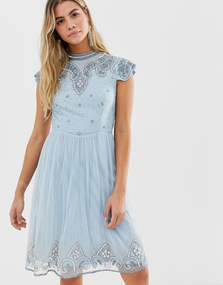 Frock And Frill high neck mini dress with allover embellishment in soft blue