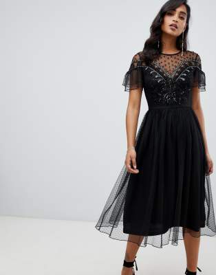 embellished black midi dress