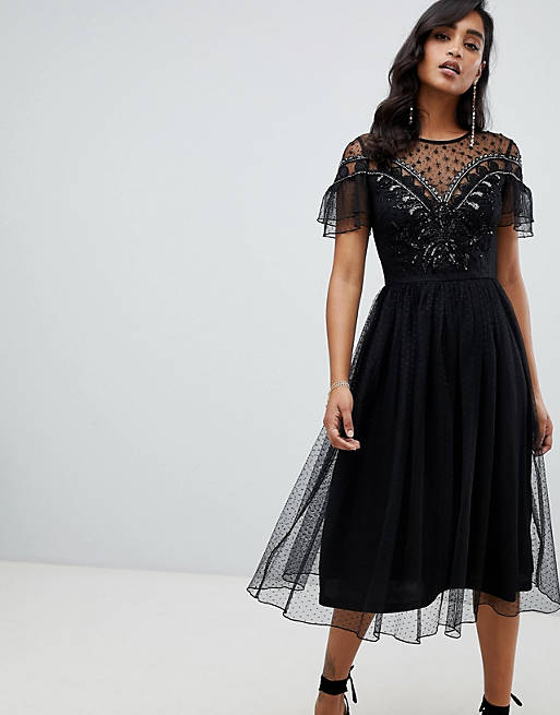 Frock And Frill mesh embellished midi dress in black | ASOS