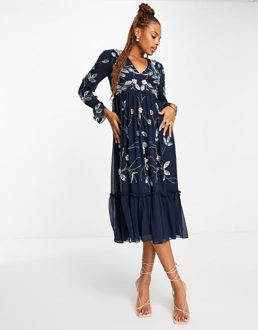 Frock And Frill - Midi jurk met versiering in marineblauw