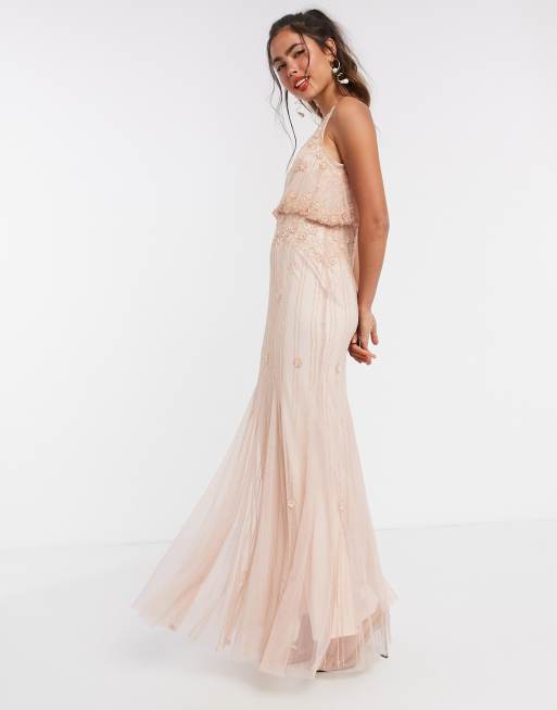 Frock and Frill overlay embellished maxi dress with fishtail in pink