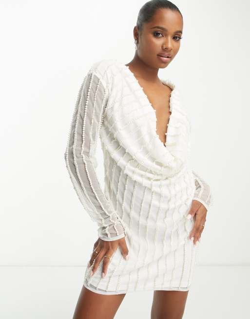 White Slinky Plunge Drape Front Long Top